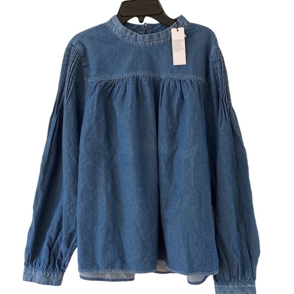 Unsubscribed Denim Pintuck Detailed Cotton Blouse Top NWT - Picture 2 of 10